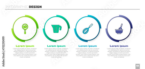 Set Fried eggs on frying pan, Measuring cup, Kitchen whisk and with bowl. Business infographic template. Vector