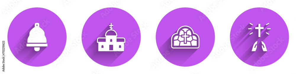 Set Church bell, building, Stained glass and Hands praying position icon with long shadow. Vector