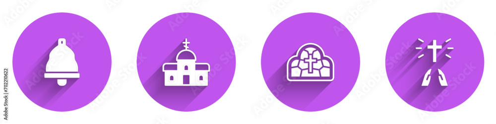 Set Church bell, building, Stained glass and Hands praying position icon with long shadow. Vector Set Church bell, building, Stained glass and Hands praying position icon with long shadow. Vector