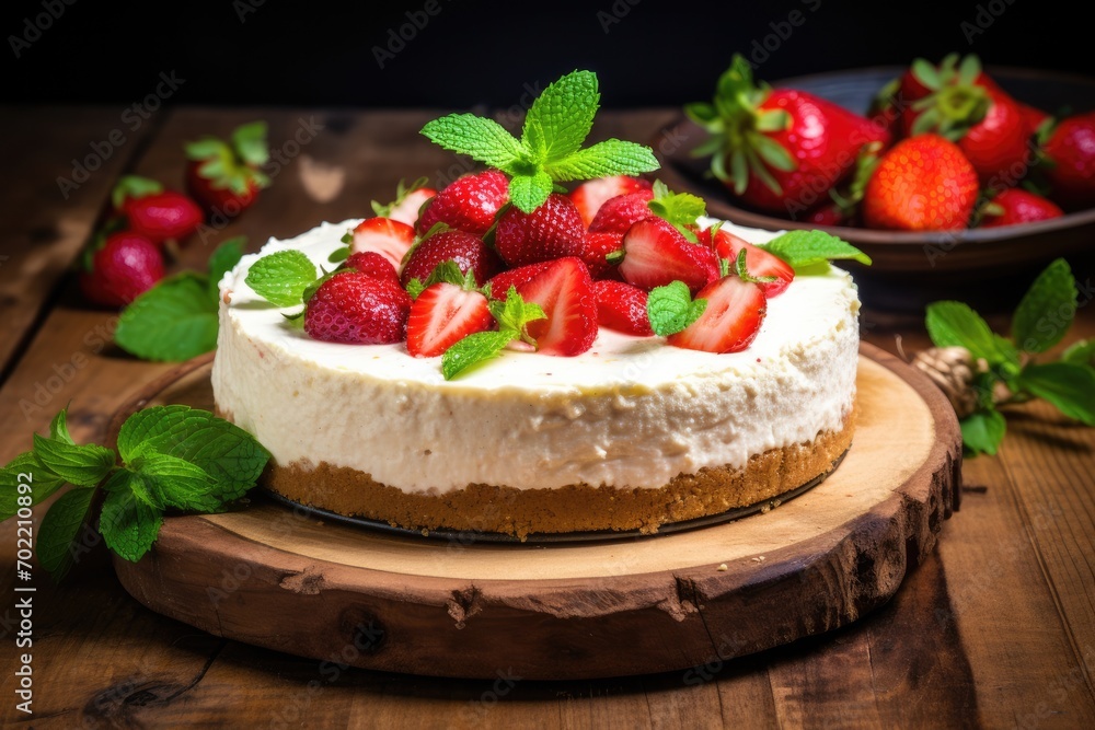 Perfect cheesecake on table with fresh natural berries, sweet food. Generative Ai. Perfect cheesecake on table with fresh natural berries, sweet food. Generative Ai.