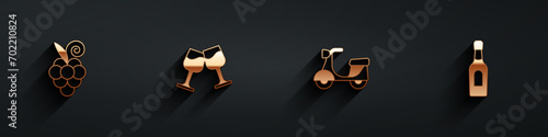 Set Grape fruit, Wine glass, Scooter and Champagne bottle icon with long shadow. Vector