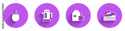Set Mate tea, Electric kettle, Cup of with milk and Piece cake icon with long shadow. Vector