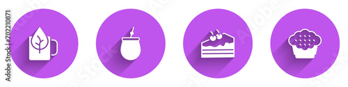 Set Cup of tea with leaf, Mate, Piece cake and Muffin icon with long shadow. Vector