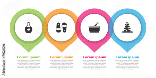 Set Essential oil bottle, Sauna slippers, Mortar and pestle and Stack hot stones. Business infographic template. Vector