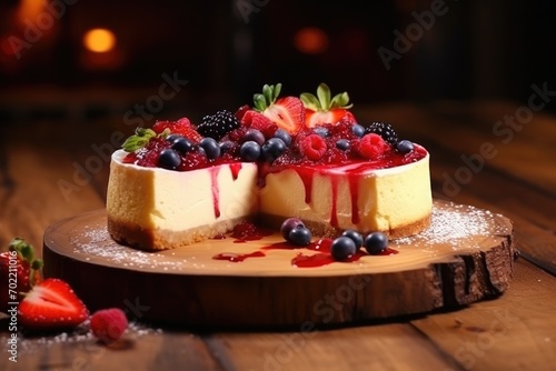 Perfect cheesecake on table with fresh natural berries, sweet food. Generative Ai.