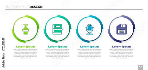 Set Ancient amphorae, Book, Round makeup mirror and Floppy disk. Business infographic template. Vector