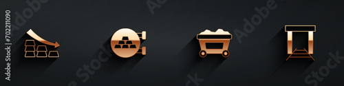 Set Falling arrow with gold bars, Jewelry store, Mine cart and Gold mine icon with long shadow. Vector