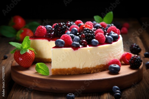 Perfect cheesecake on table with fresh natural berries, sweet food. Generative Ai.