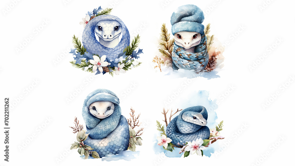 winter snake cute watercolor clipart, white background, pixar