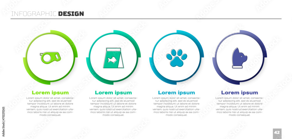 Set Retractable cord leash, Food for fish, Paw print and Cat. Business infographic template. Vector Set Retractable cord leash, Food for fish, Paw print and Cat. Business infographic template. Vector