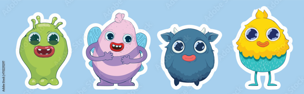 Set of vector illustrations. Collection of bright and cute monsters isolated on a white background. Suitable for children's products and advertising, comics, education.