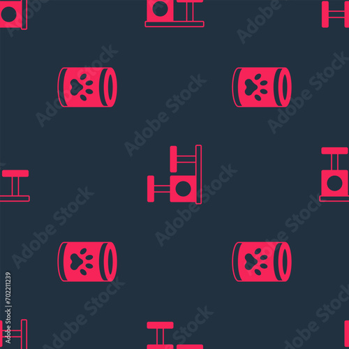 Set Canned food and Cat scratching post with toy on seamless pattern. Vector