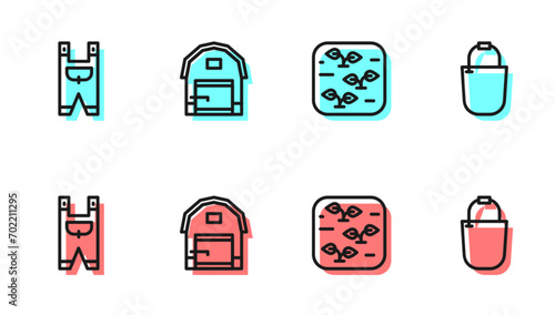Set line Plant, Garden worker clothes, Farm house and Bucket icon. Vector