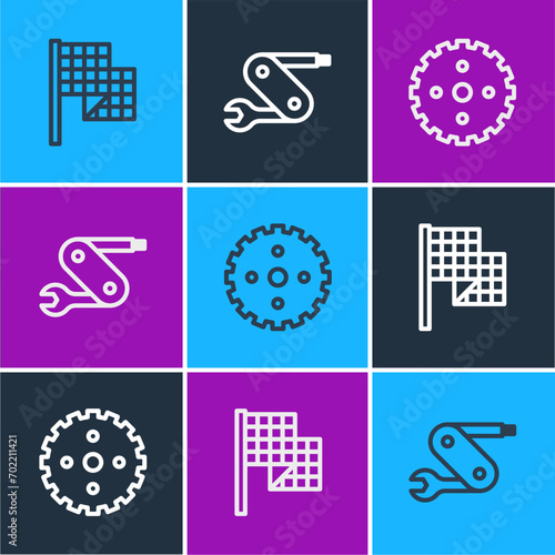 Set line Checkered flag, Bicycle sprocket crank and Swiss army knife icon. Vector