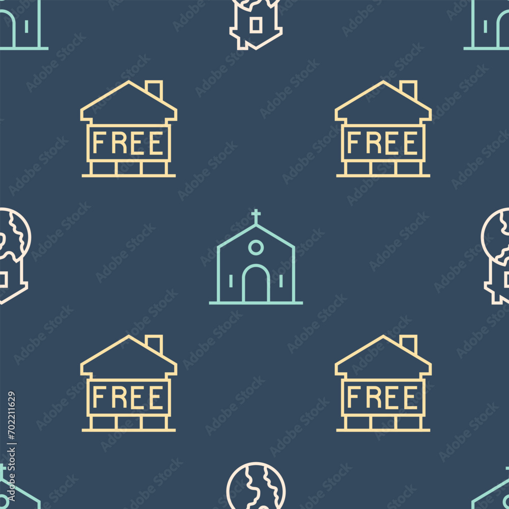 Set line Shelter for homeless,  and Church building on seamless pattern. Vector