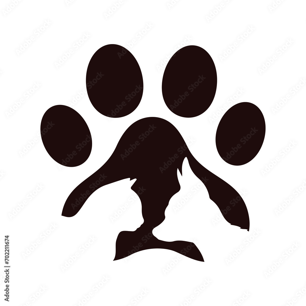 Animal paw print and dog cat silhouette design. Pet care, treatment and pet store Animal paw print and dog cat silhouette design. Pet care, treatment and pet store