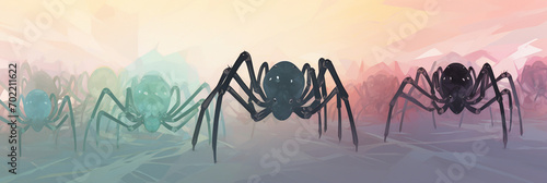 Photographie Arachnid Elegance: A Group of Spider Silhouettes in Varied Colors, Soft Color Palette Style, Distinctive Noses, Layered Collage, Shaped Canvas, Transparent/Semi-Transparent Medium, Poster