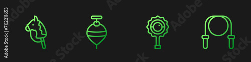 Set line Rattle baby toy, Toy horse, Whirligig and Jump rope. Gradient color icons. Vector