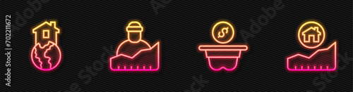 Set line Donation money, Shelter for homeless, Growth of and Rising cost housing. Glowing neon icon. Vector