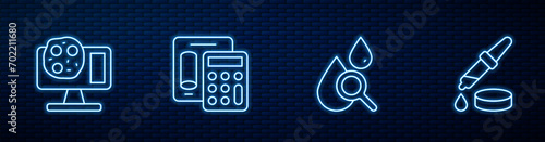 Set line Drop and magnifying glass, Genetic engineering, Calculator and Pipette. Glowing neon icon on brick wall. Vector