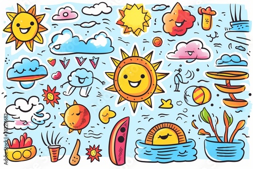 Cartoon cute doodles of summer elements like seashells and beach bags in a charming and endearing style, forming a seamless backdrop, Generative AI