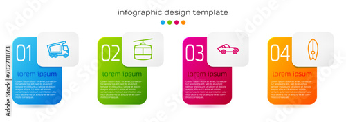 Set line Delivery cargo truck, Cable, Car and Surfboard. Business infographic template. Vector