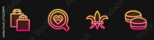 Set line Fleur De Lys, Paper shopping bag, Coffee cup and Macaron cookie. Glowing neon icon. Vector