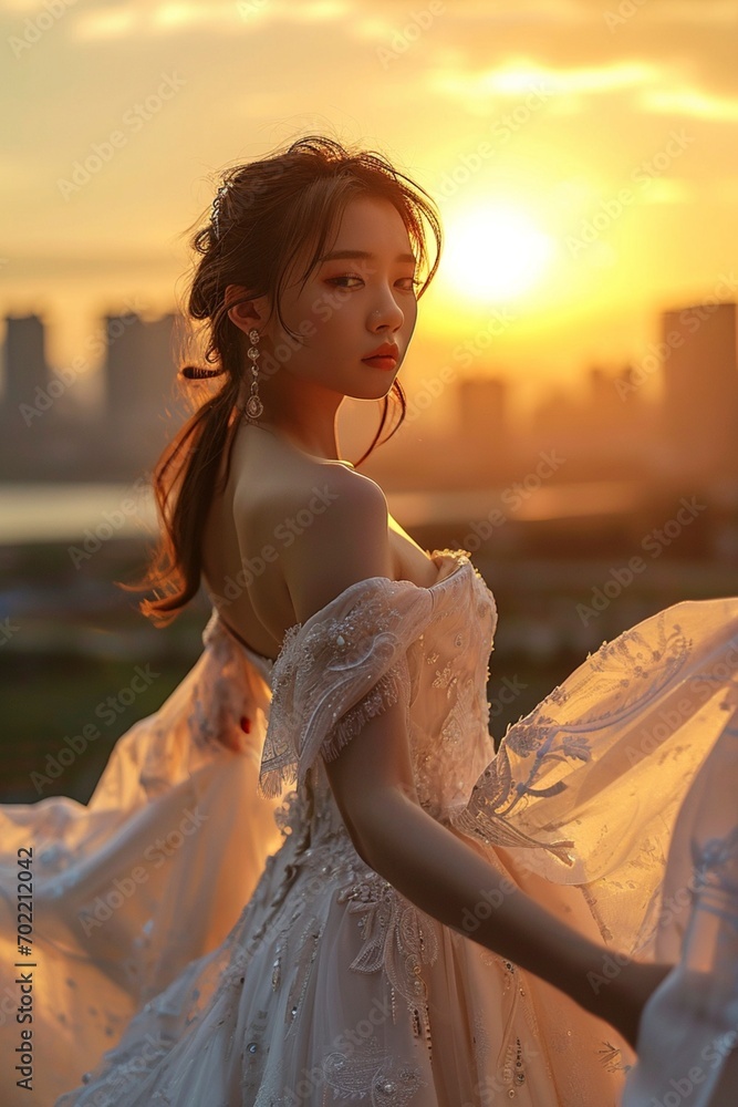 Novia asiática en vestido de encaje con el sol poniente y silueta de la ciudad como telón de fondo Novia asiática en vestido de encaje con el sol poniente y silueta de la ciudad como telón de fondo