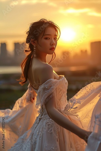Novia asiática en vestido de encaje con el sol poniente y silueta de la ciudad como telón de fondo photo