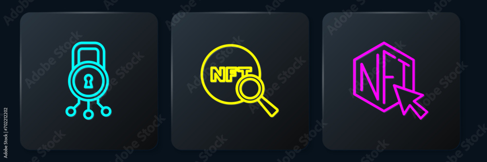 Set line Cyber security, NFT Digital crypto art and Search. Black square button. Vector Set line Cyber security, NFT Digital crypto art and Search. Black square button. Vector