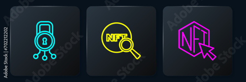 Set line Cyber security, NFT Digital crypto art and Search. Black square button. Vector