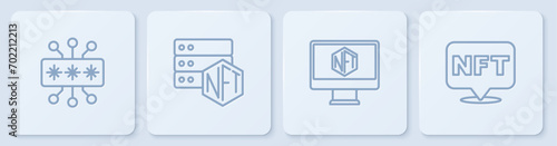 Set line Cyber security, Monitor with art store app, NFT blockchain technology and Digital crypto. White square button. Vector