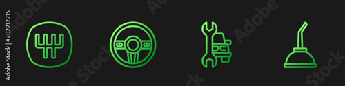 Set line Car service, Gear shifter, Steering wheel and Canister for motor machine oil. Gradient color icons. Vector