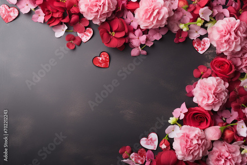 Romantic Valentine's Day Background with Lush Pink and Red Roses, Heart Ornaments, and a Dark Elegant Space for Text, Ideal for Cards and Invitations