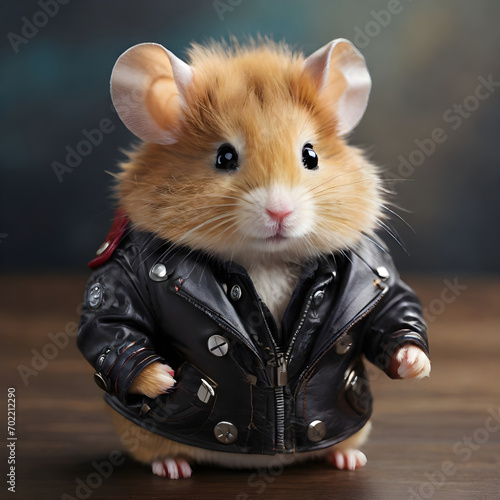 Charming anthropomorphic hamster in a stylish and fashionable leather jacket