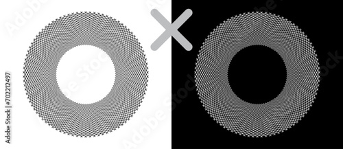 Abstract vector circle with halftone cross as logo or icon. Black shape on a white background and the same white shape on the black side.