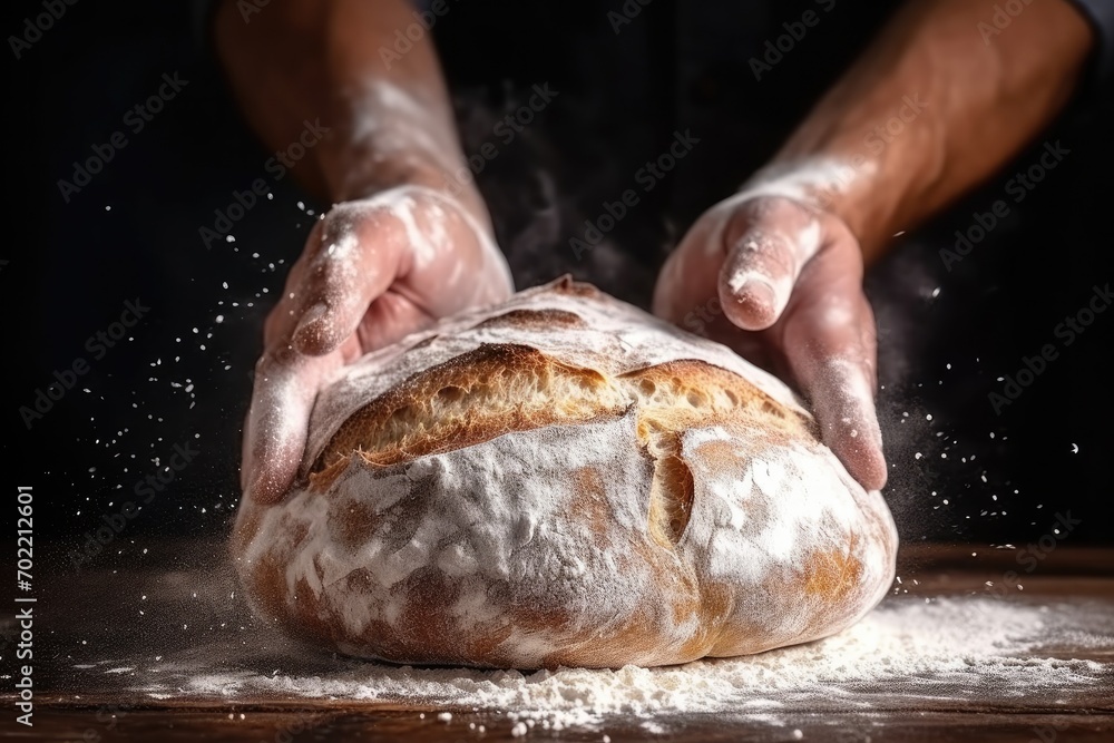 Baker is making in oven fresh sourdough bread with mess of flour on table. Generative Ai.