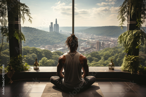 Back view of african man practicing yoga sitting in the lotus position against the background of a panoramic window with an urban view photo