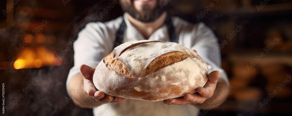 Obraz premium Baker is making in oven fresh sourdough bread with mess of flour, food panorama. Generative Ai.