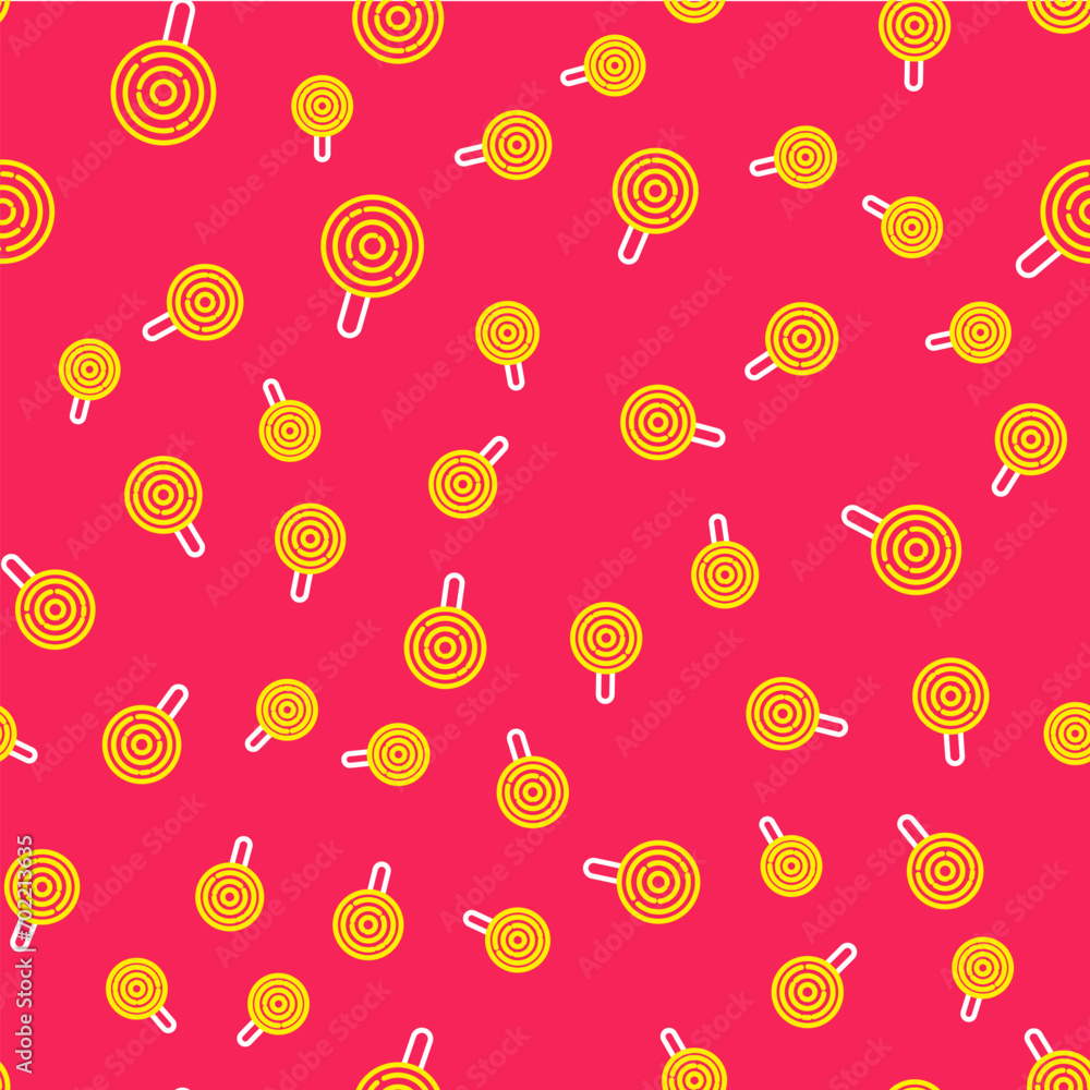 Line Lollipop icon isolated seamless pattern on red background. Candy sign. Food, delicious symbol.  Vector
