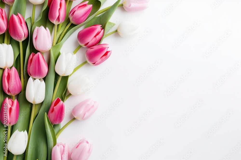 beautiful tulips white and pink on white background, flat lay and copy space - generative ai