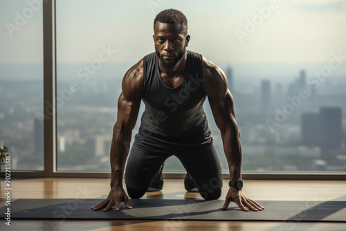 Sporty man doing morning exercise, standing in plank position or making push-ups against the background of panoramic windows photo