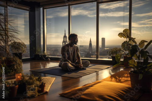 African man practicing yoga sitting in the lotus position against the background of a panoramic window with an urban view