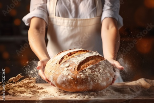 Baker is making in oven fresh sourdough bread with mess of flour on table. Generative Ai.