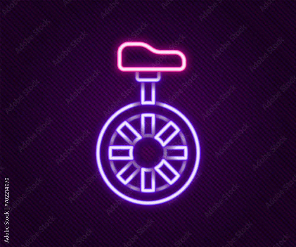 Glowing neon line Unicycle or one wheel bicycle icon isolated on black background. Monowheel bicycle. Colorful outline concept. Vector Glowing neon line Unicycle or one wheel bicycle icon isolated on black background. Monowheel bicycle. Colorful outline concept. Vector