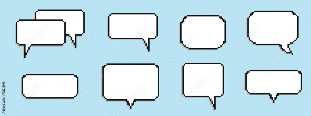 Pixel empty speech bubble. Chat speech. Communication box. Dialog cloud. 8-bit. Game development. Vector illustration on a blue background - obrazy, fototapety, plakaty 