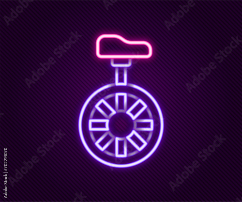 Glowing neon line Unicycle or one wheel bicycle icon isolated on black background. Monowheel bicycle. Colorful outline concept. Vector