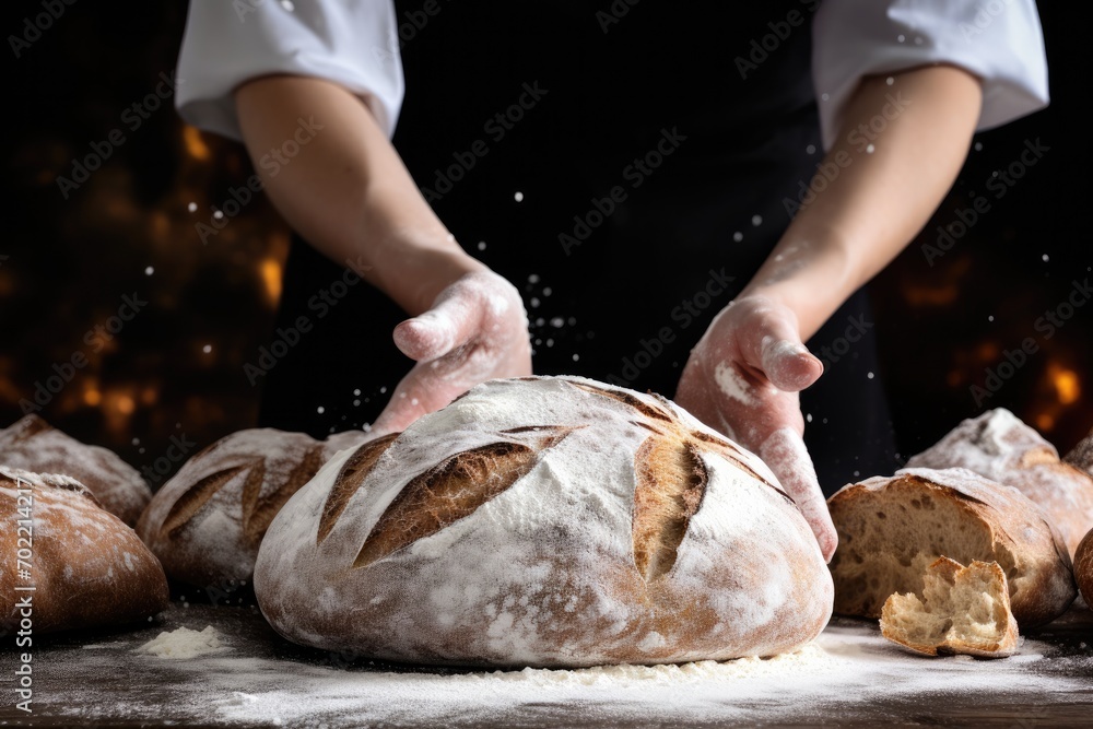Baker is making in oven fresh sourdough bread with mess of flour on table. Generative Ai. Baker is making in oven fresh sourdough bread with mess of flour on table. Generative Ai.