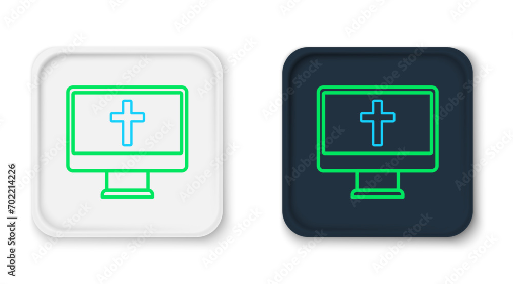 Line Christian cross on monitor icon isolated on white background. Church cross. Colorful outline concept. Vector Line Christian cross on monitor icon isolated on white background. Church cross. Colorful outline concept. Vector