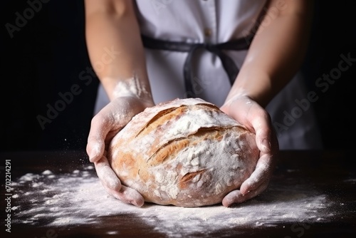 Baker is making in oven fresh sourdough bread with mess of flour on table. Generative Ai.